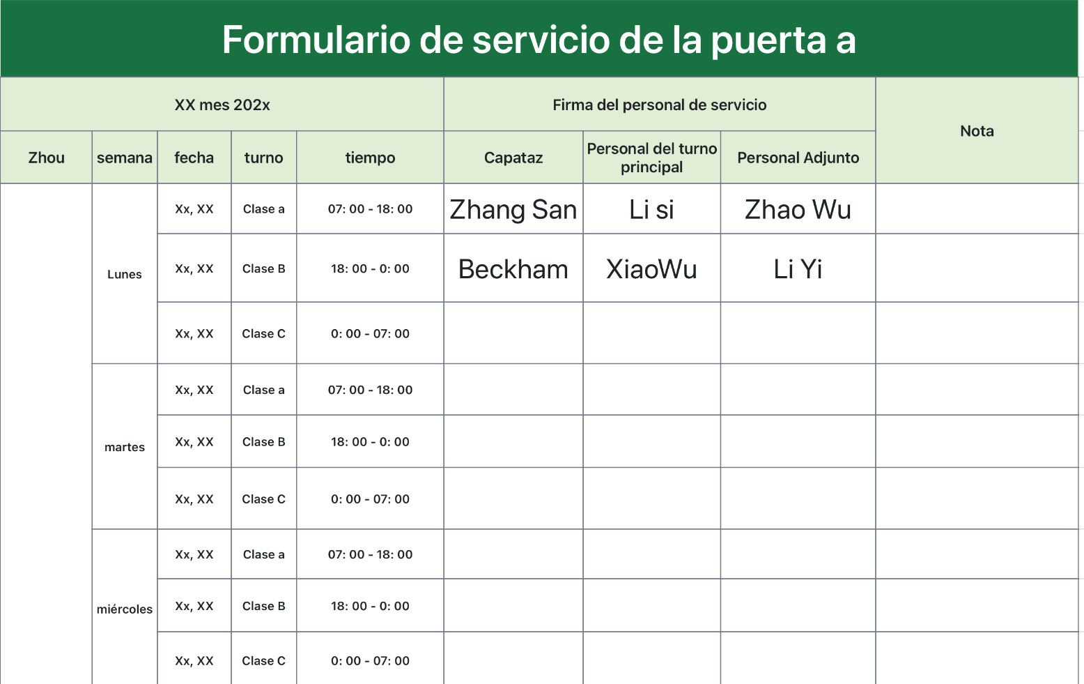 Formulario de servicio de la puerta a